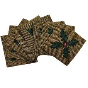 Set of 8 Beaded Christmas Coasters – Festive Holiday Seasonal Table Decor
